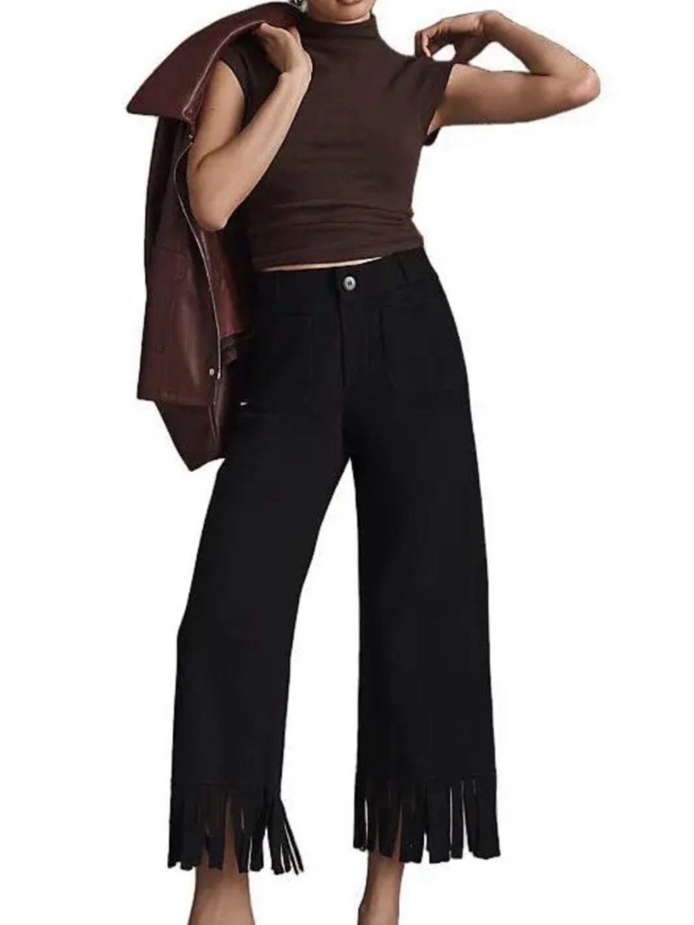 Maeve Black High Rise Wide-Leg Crop Fringe Hem Pants